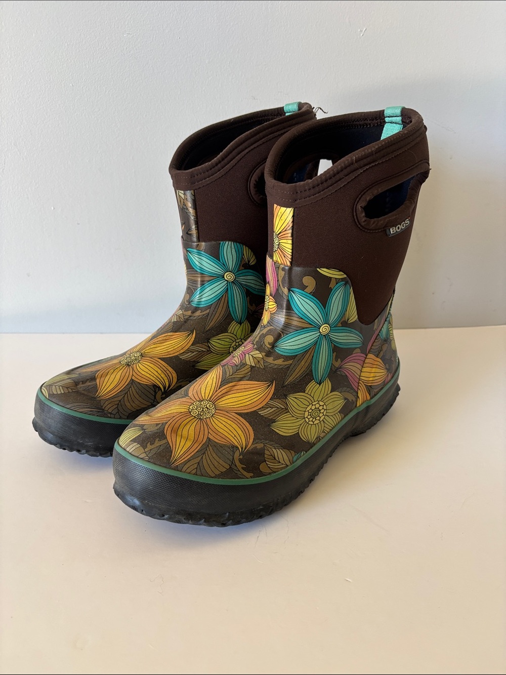 Bogs Floral Waterproof Rain Boots Brown Teal Yellow Women's Size 8
